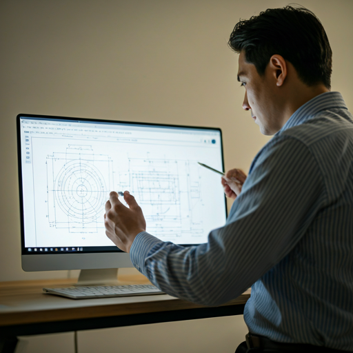 Engineer reviewing blueprint technical drawings on screen
