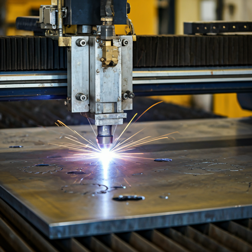 CNC plasma cutter slicing through thick industrial steel plate