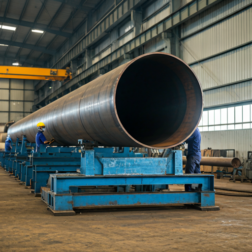 Workers fitting large steel pipes in a factory jig
