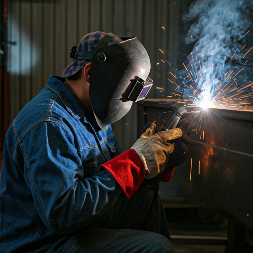 Professional welder in protective gear performing GTAW welding